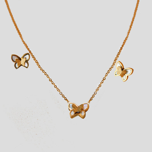 Stainless Steel gold-color necklace and earrings set featuring butterfly-shaped pendants with a delicate, open-wing design.