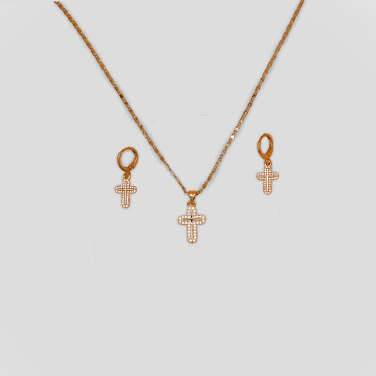 Gold-colored necklace and earrings set featuring cross-shaped pendants adorned with simulant diamonds.