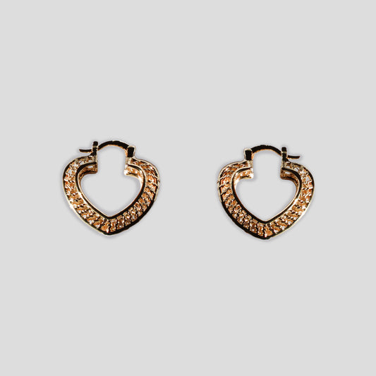 Gold-colored heart-shaped hoop earrings with a textured design.