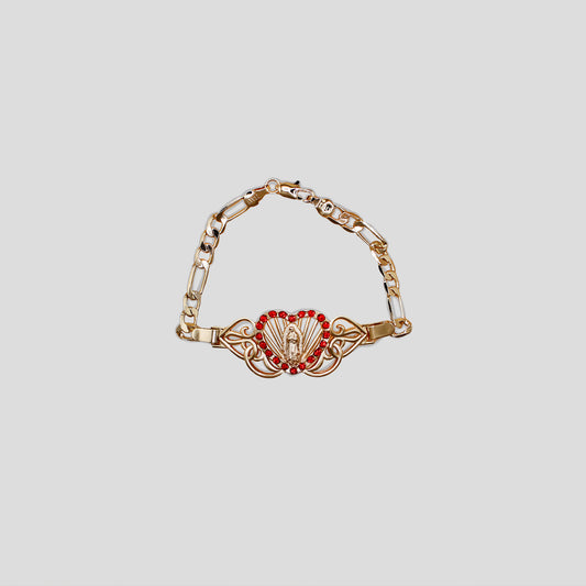 Bracelet with a heart created with red stones and the center piece it has the Virgin Mary.