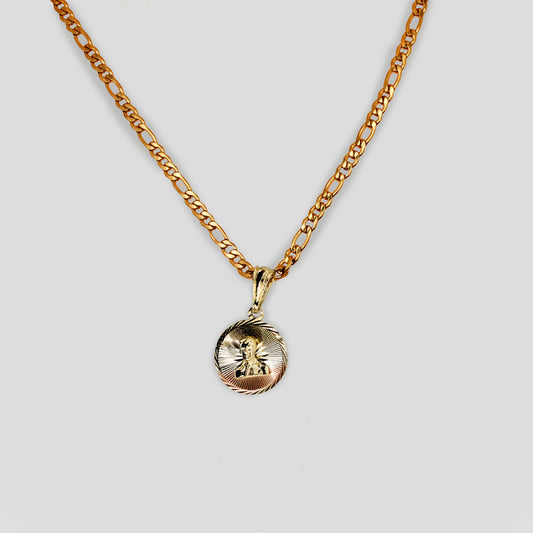 A figaro chain necklace with a Malverde pendant. 